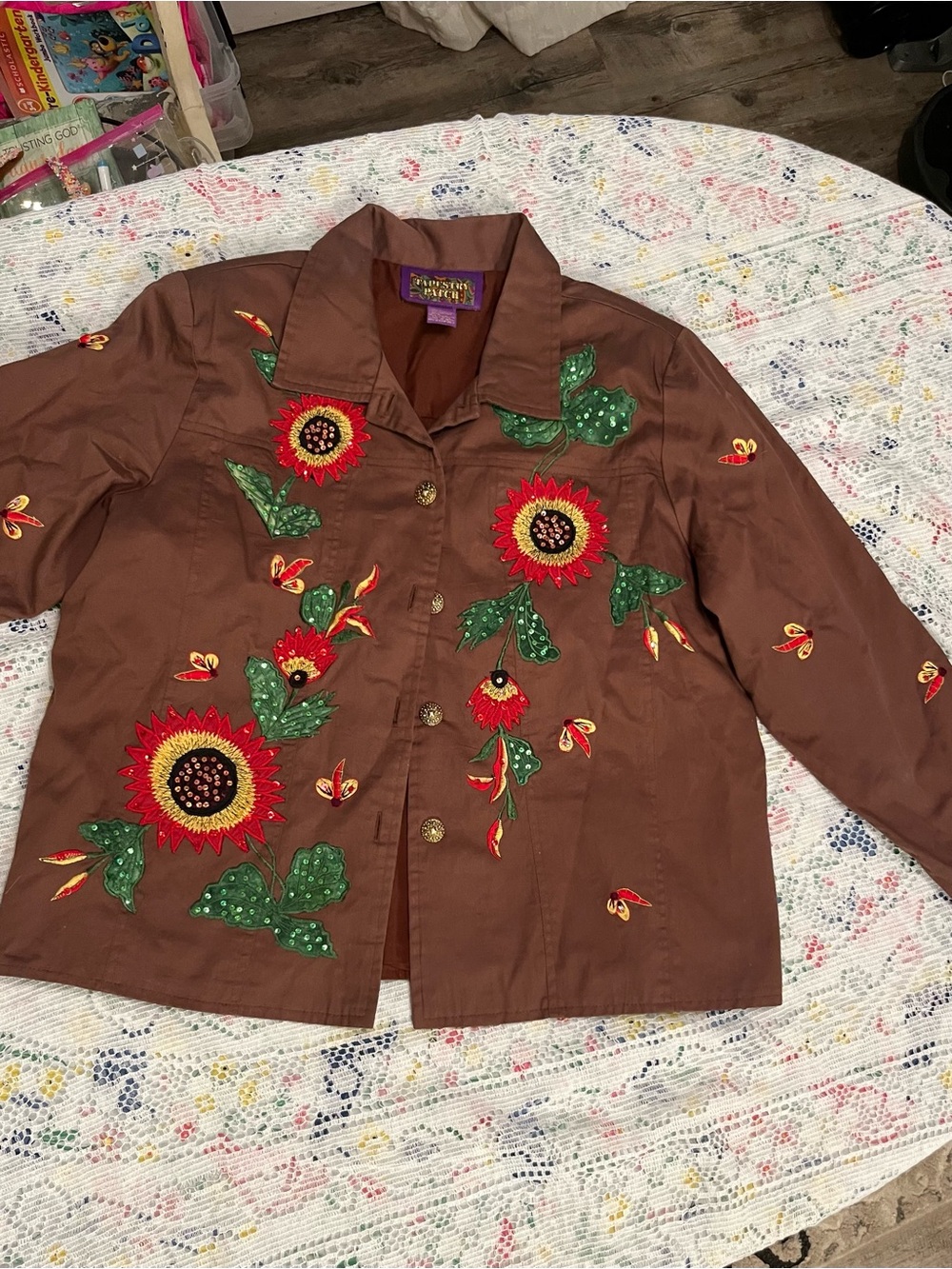 Vintage Tapestry Patch Embroidered Sunflower Jacket in Brown